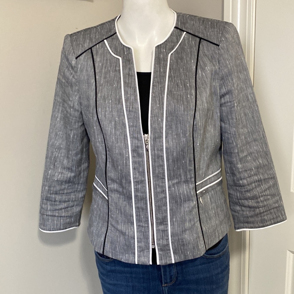 White House Black Market Linen Grey Blazer Career Pockets Sz 8